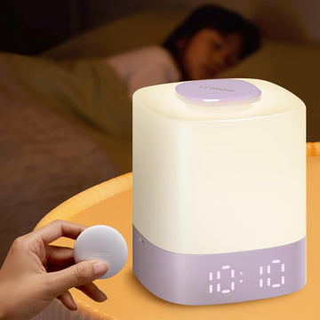 LED Nursery Night Light with Clock, Rechargeable Table Lamp, Purple