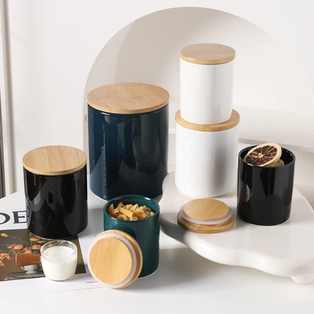 Kitchen Canisters Ceramic Food Storage Jar Set, Stackable Containers with Airtight Seal Wooden Lid for Serving Ground - Set of 4