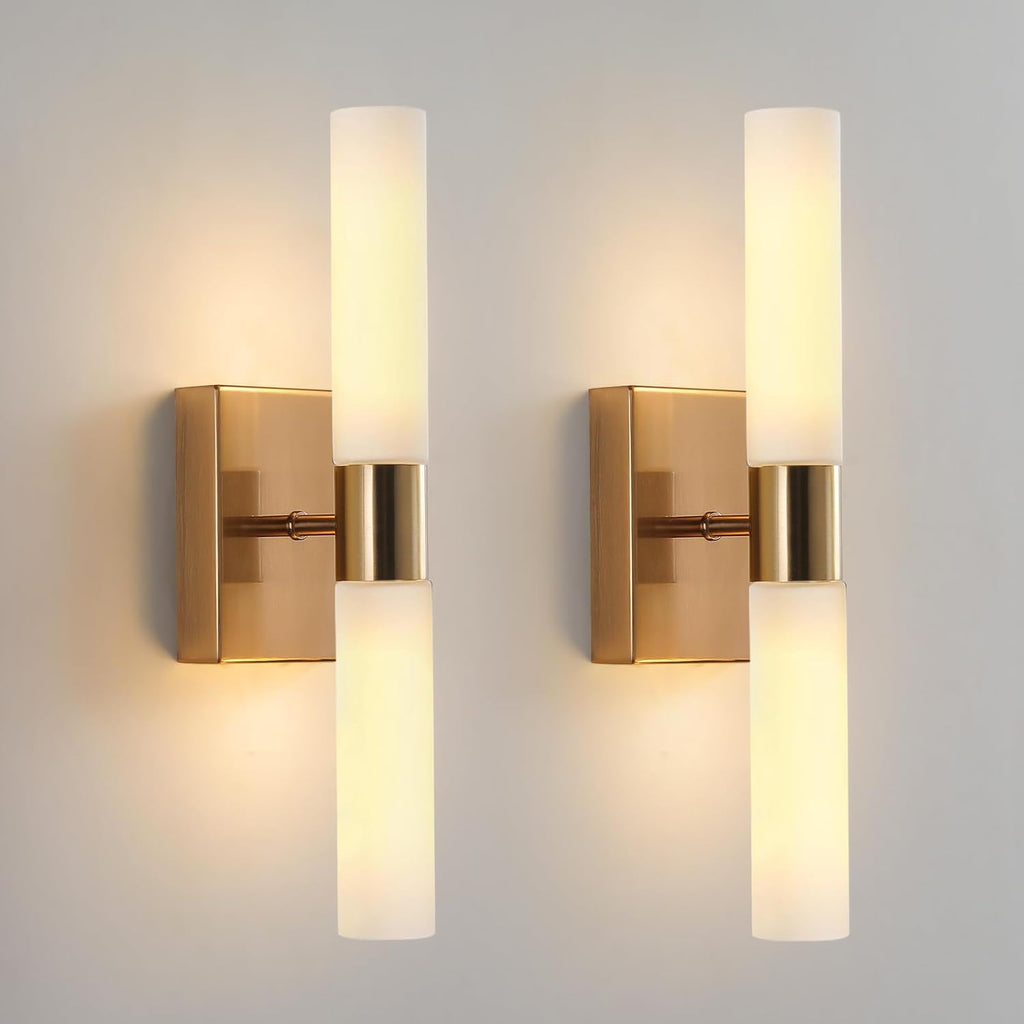 Modern Wall Sconces, Set of 2 Brushed Brass Gold, Frosted Glass Shade, Indoor Wall Mounted Lights, Bathroom Sconces