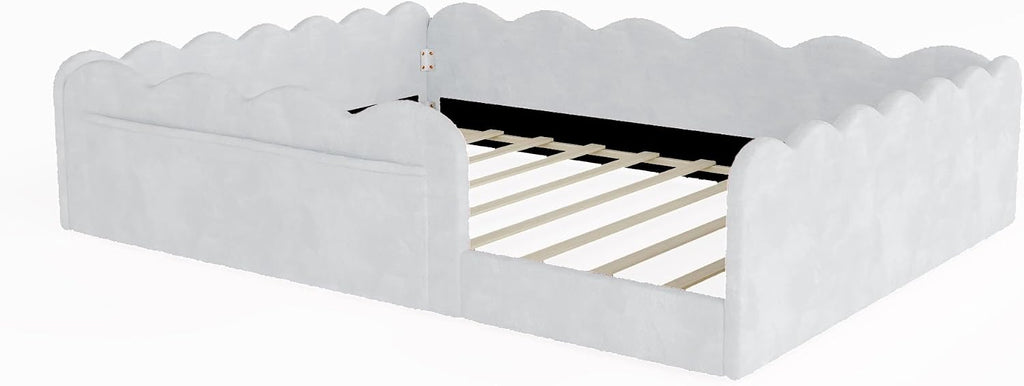 Upholstered Floor Bed with Guardrail, Montessori Kids Bed Frame with Round Fence, Light Gray
