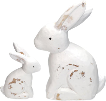 Wooden Easter Bunny Figurines, Tabletop Rabbit Decor for Spring & Easter Home Decoration, White Painted & Natural - Set of 2