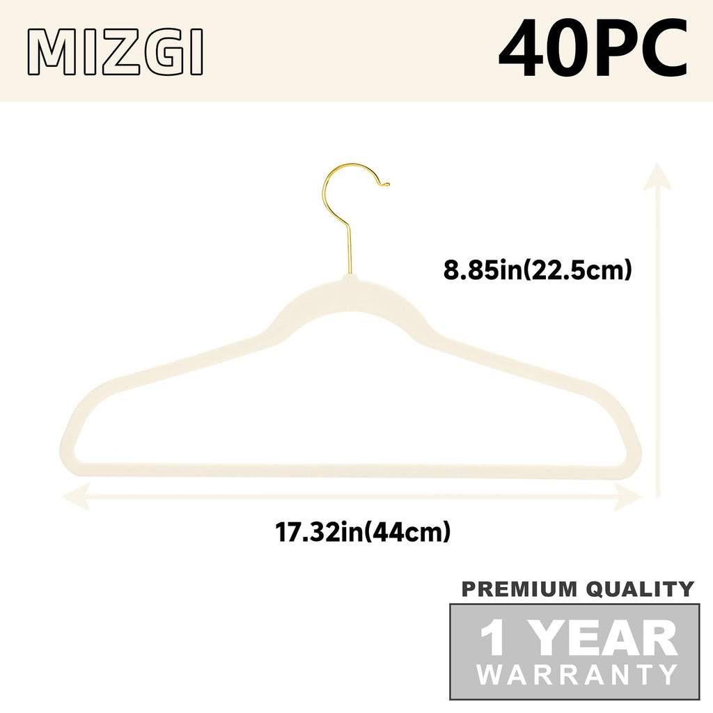 Ivory Velvet Hangers 40 Pack, Premium Gold Clothes Hangers Non-Slip Felt Hangers, Sturdy Ivory Hangers Heavy Duty Coat