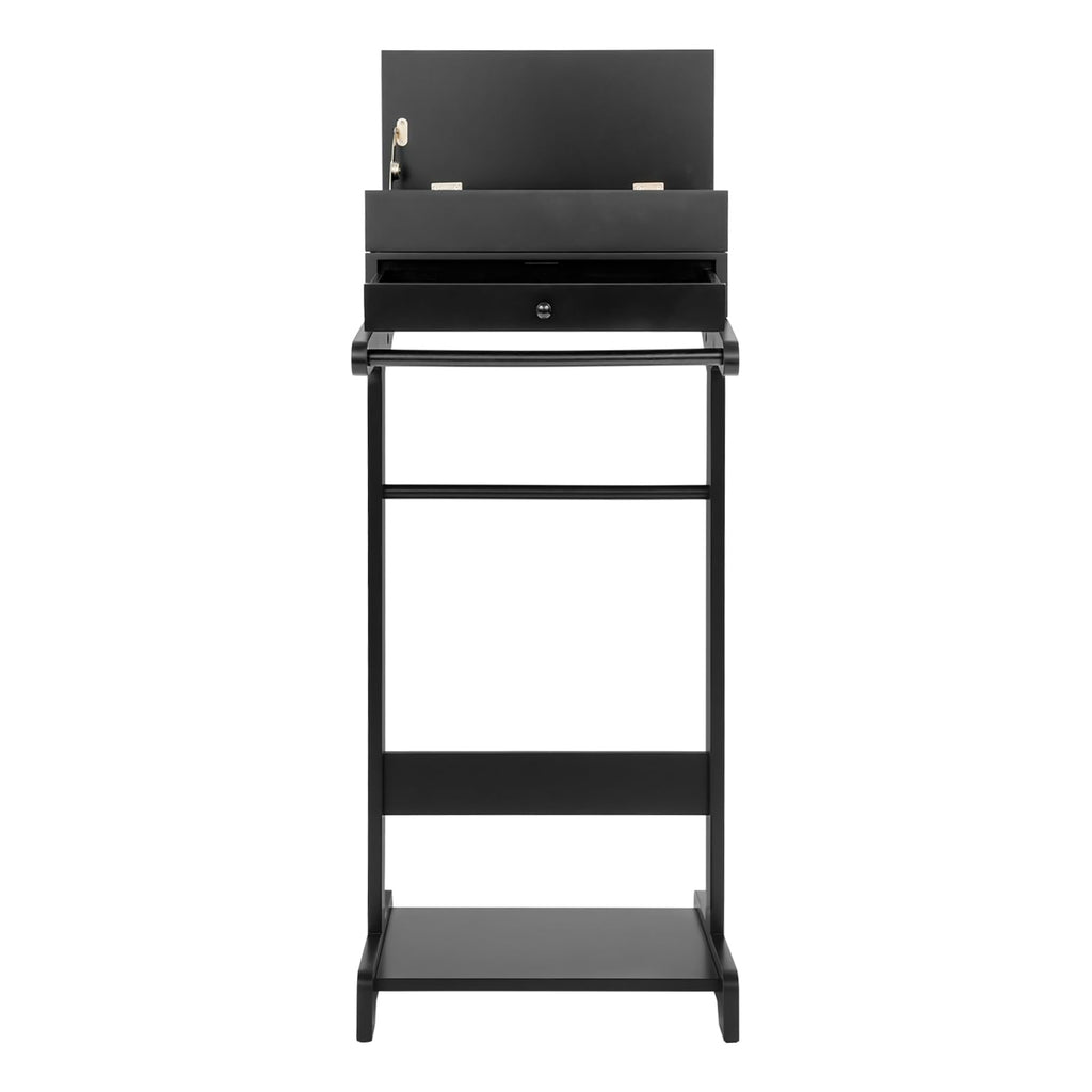 Valet Stand with Drawer and Top Tray, Wood Mens Suit Valet Stand with Wood Base, Freestanding Clothes Valet Stand