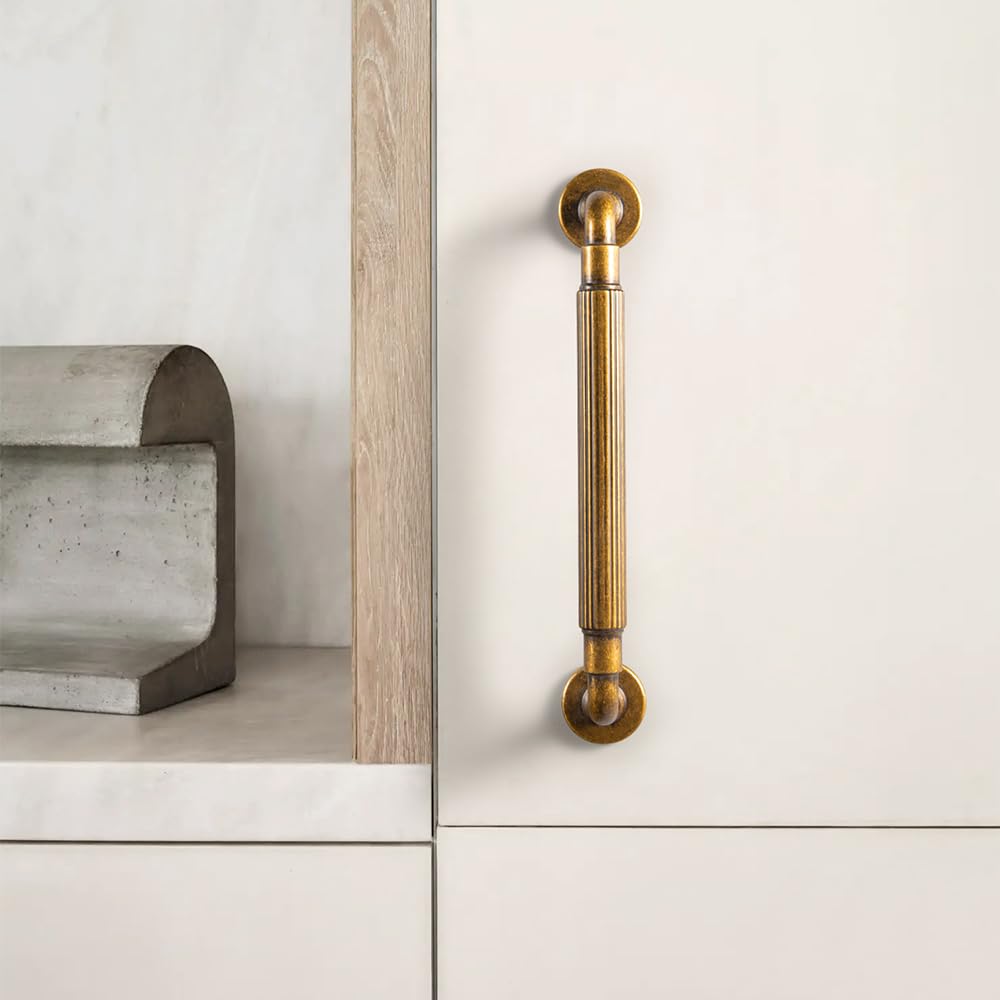 Antique Brass Reeded Cabinet Pulls - 6 Pack 5 Inch Vintage Textured Drawer Handles with Fluted Grip & Round Rosette