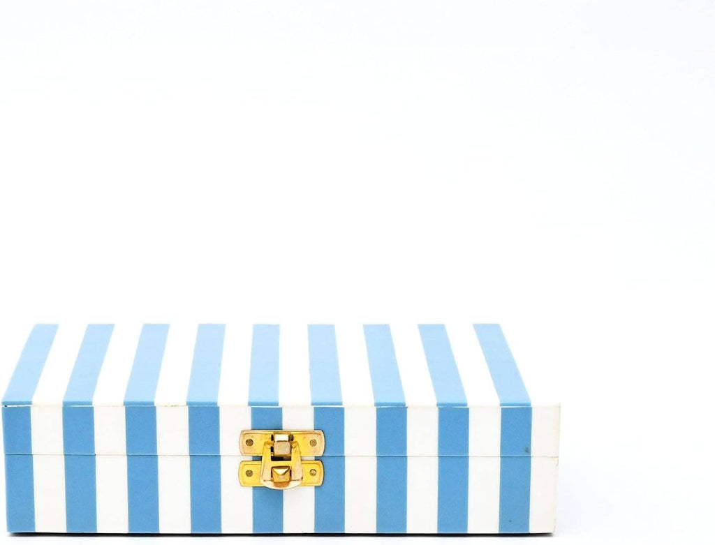 Decorative Storage Box with Lid, 8 x 5 x 2 Inch, Blue & White Striped Wooden Keepsake Box for Jewelry, Accessories