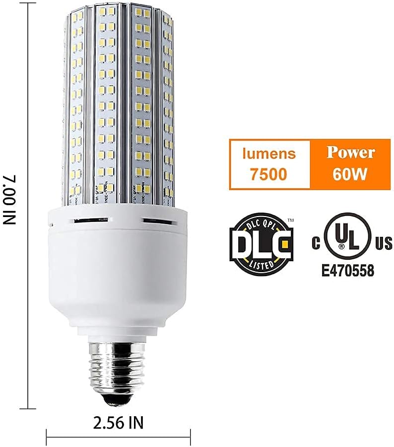 2 Pack LED Corn Light 600W Equivalent LED Corn Bulb 7500 Lumen 60W Large Area Cool Daylight White E26/E27 Medium Base