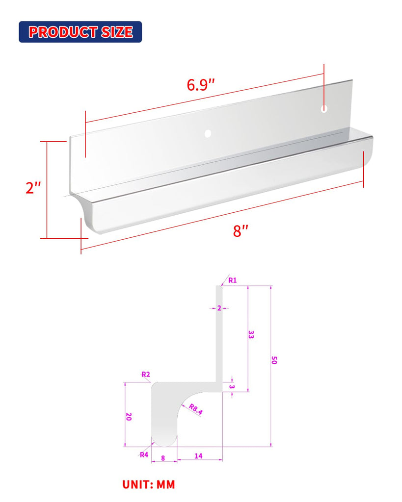 Under Cabinet Foot Pull 8" Silver Stick on Cabinet Handles 2 Pack