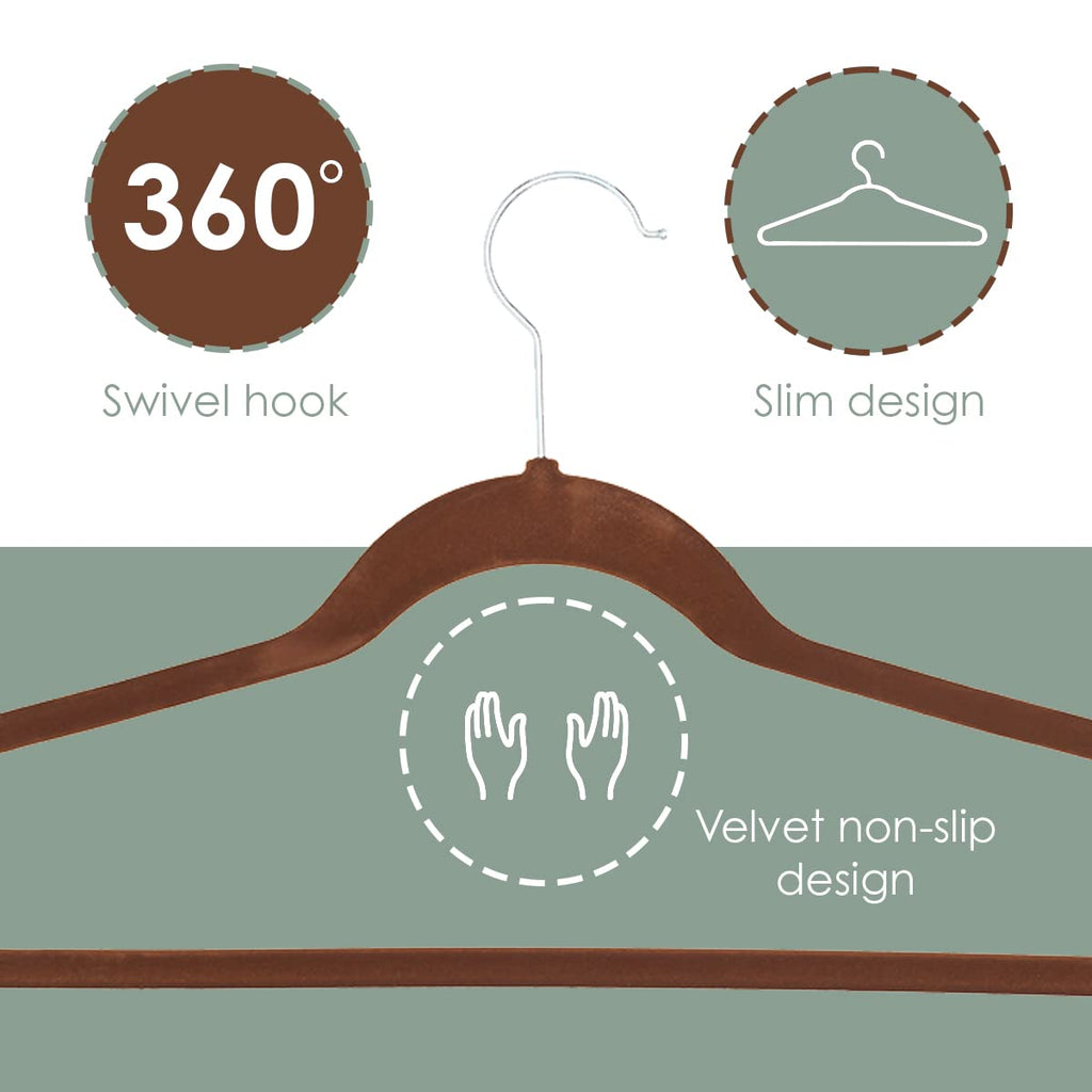 Velvet Clothes Hangers (Pack of 10), Brown, by | Felt Hangers for Tops, Jackets, Dresses, and Pants | Contoured