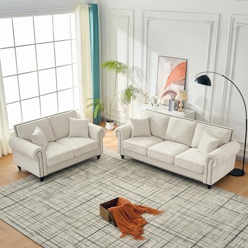 Chesterfield Sofa Set with Rolled Arms - Beige Chenille 3-Seater Sofa and Loveseat with Nailhead Trim and Wood Legs