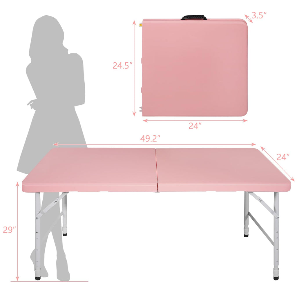 4 FT Folding Table with Carry Handle, Portable Fold-in-Half Plastic Table, Rectangle Foldable Table for