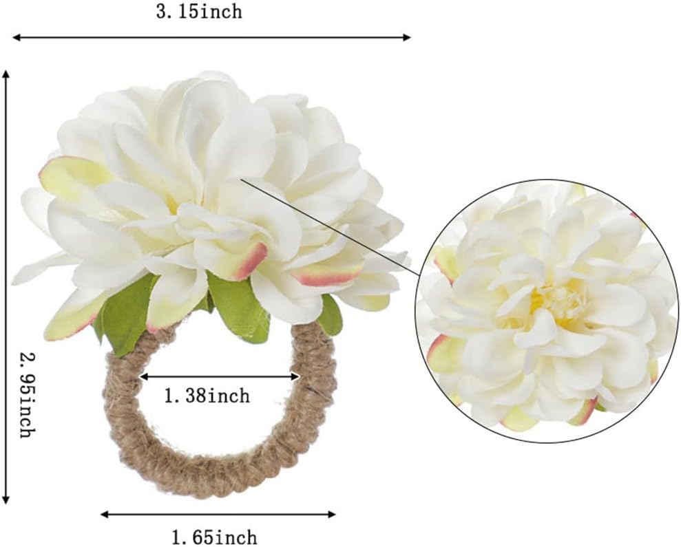White Floral Napkin Rings,Rustic Rose Napkin Rings Flower Dinner Napkin Holder for Table Decoration - Set of 6