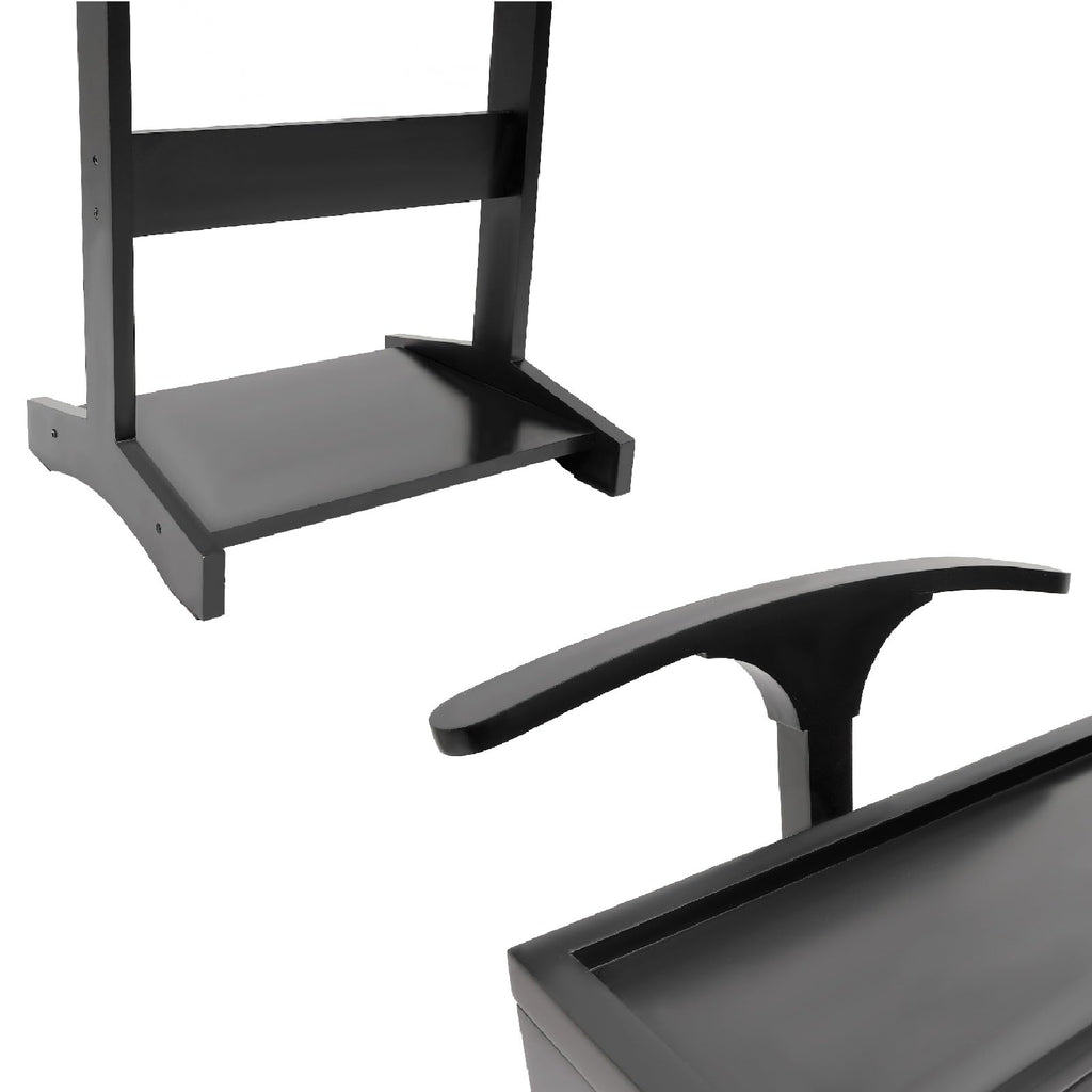 Wood Mens Valet Stand With Shoe Shelf, Coat Hanger and Hat Rack - Freestanding Suit Stand and Clothes Butler With