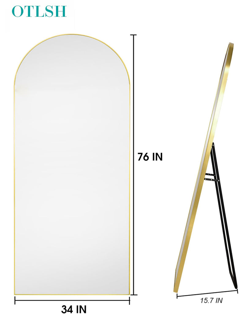 Arched Floor Mirror, 76"34" Full Length Mirror with Stand, Freestanding, Aluminum Frame - Gold
