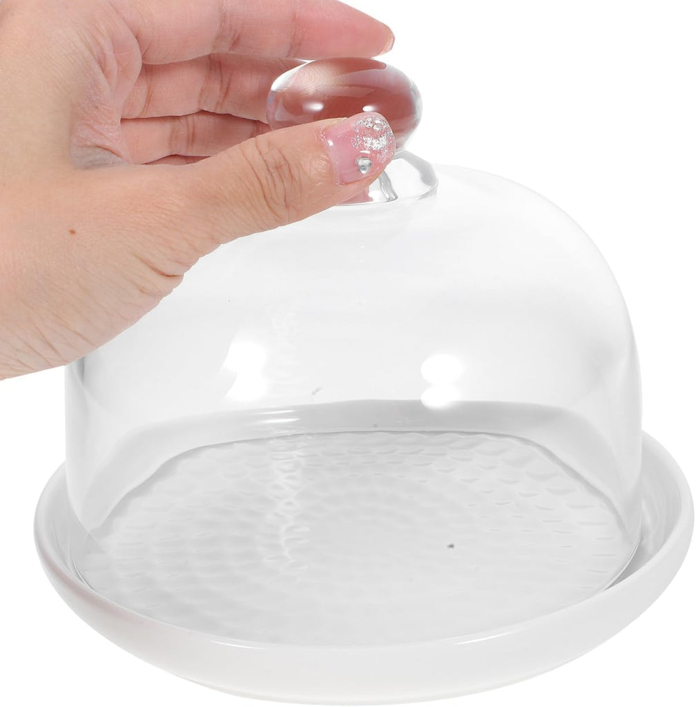 Ceramic Cake Stand with Glass Dome Cover White Ceramic Cake Plate Server Round Clear Glass Dome Dessert Plate Kitchen