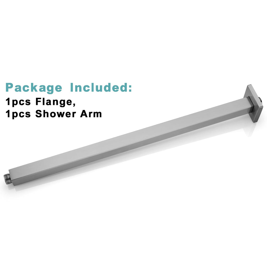 20 Inch Brushed Nickel Ceiling Mount Shower Arm and Flange, Square Rain Shower Arm