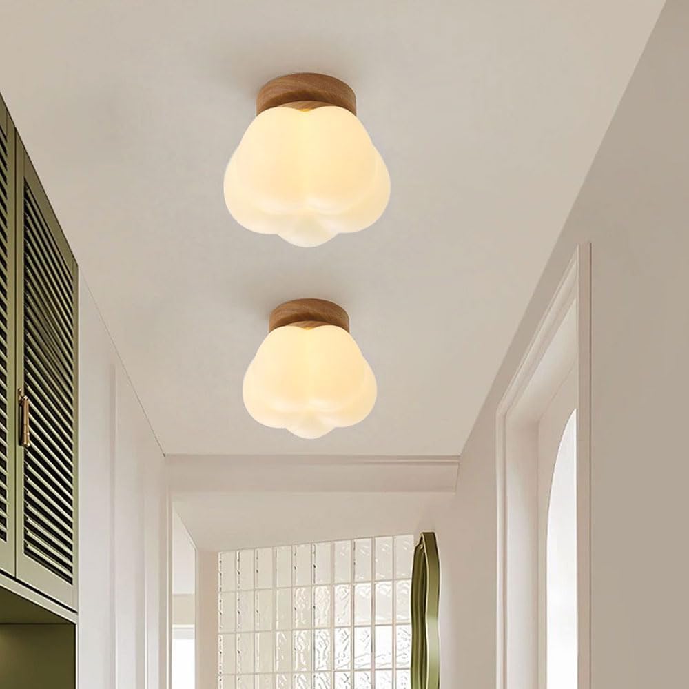 Nordic Cotton Flower Puffy Cloud Semi Flush Mount LED Ceiling Light Natural Solid Wood Base 3 Color Dimmable PE Shade
