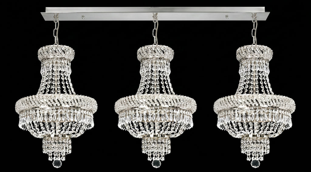Set of 3 French Empire Crystal Chandeliers - Silver Finish - H19" X W14" 3 Lights Each - Dining Room, Foyer, Entry Way, Living Room