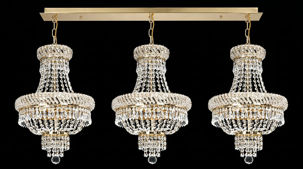 Set of 3 French Empire Crystal Chandeliers - Gold Finish - H19" X W14" 3 Lights Each - Dining Room, Foyer, Entry Way, Living Room