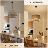 5-Light Bohemian Natural Rattan Tiered Drum Chandelier with Adjustable Height and Dimmable