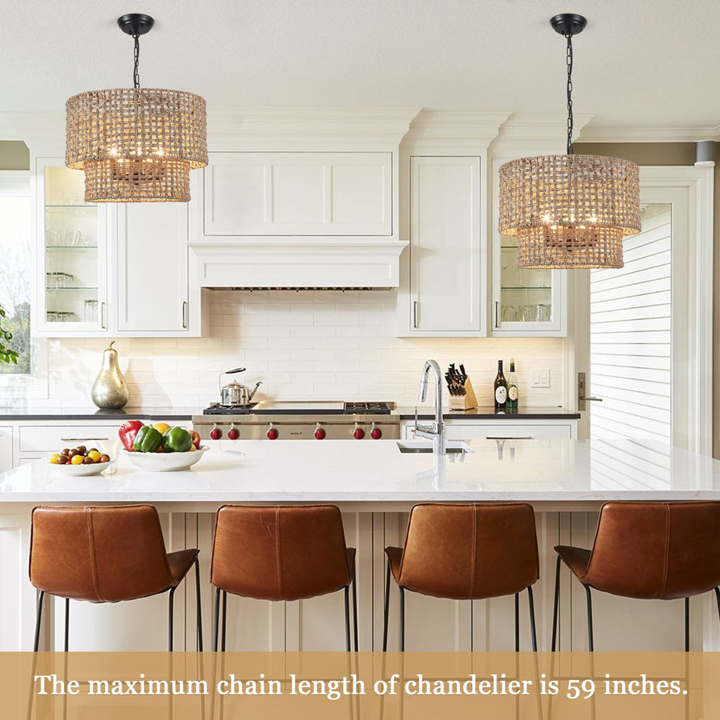 5-Light Bohemian Natural Rattan Tiered Drum Chandelier with Adjustable Height and Dimmable