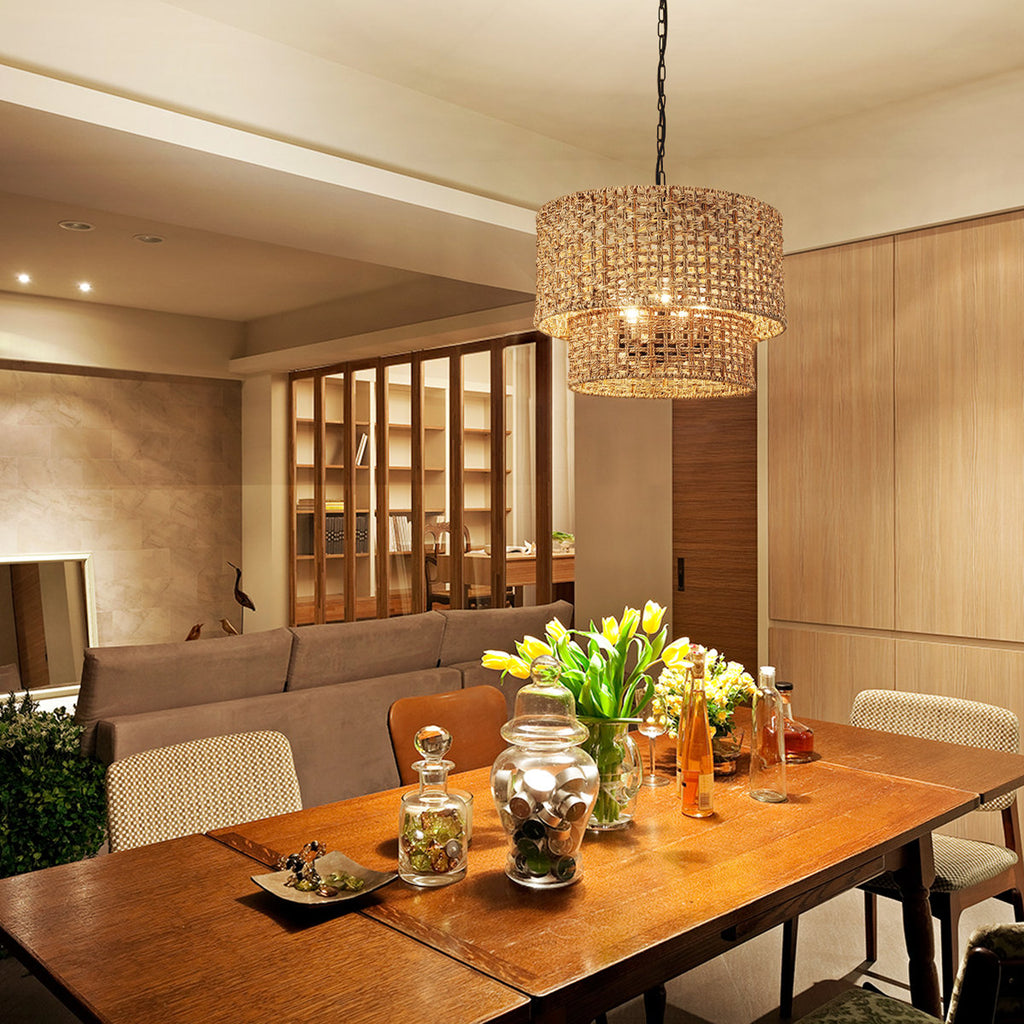 5-Light Bohemian Natural Rattan Tiered Drum Chandelier with Adjustable Height and Dimmable
