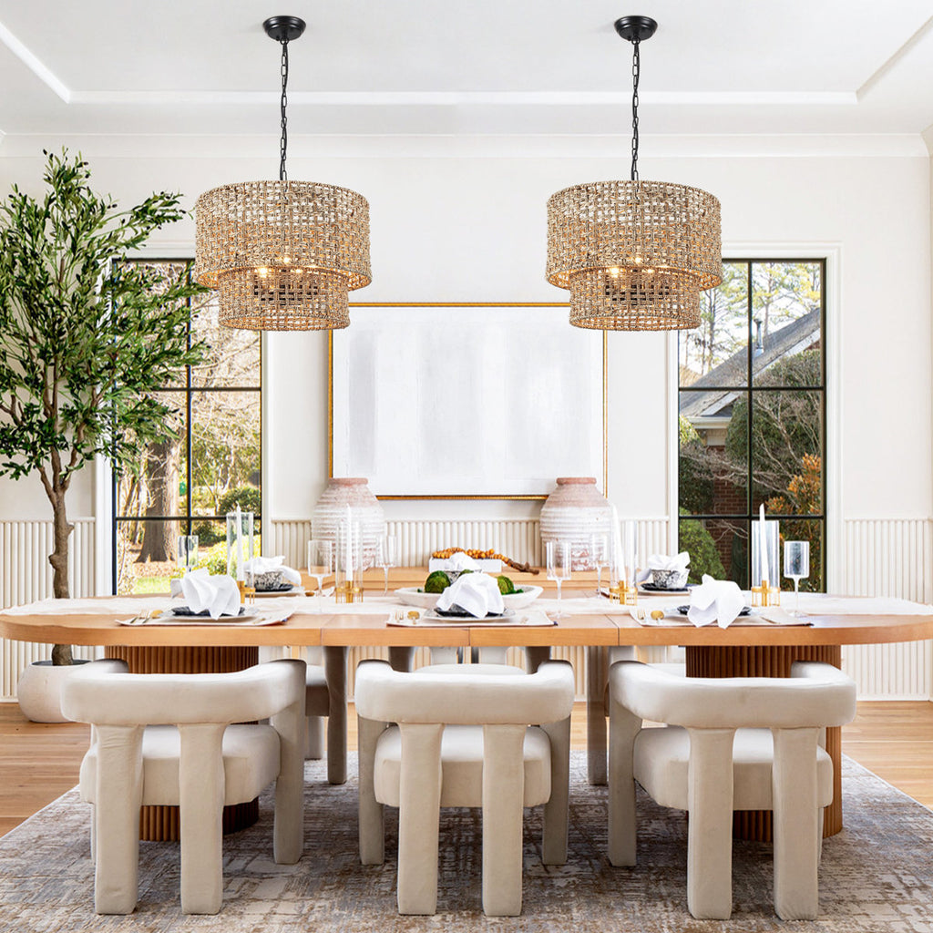 5-Light Bohemian Natural Rattan Tiered Drum Chandelier with Adjustable Height and Dimmable