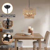 5-Light Bohemian Natural Rattan Tiered Drum Chandelier with Adjustable Height and Dimmable
