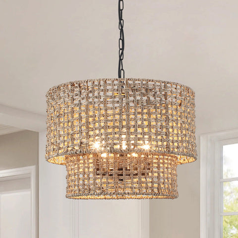5-Light Bohemian Natural Rattan Tiered Drum Chandelier with Adjustable Height and Dimmable