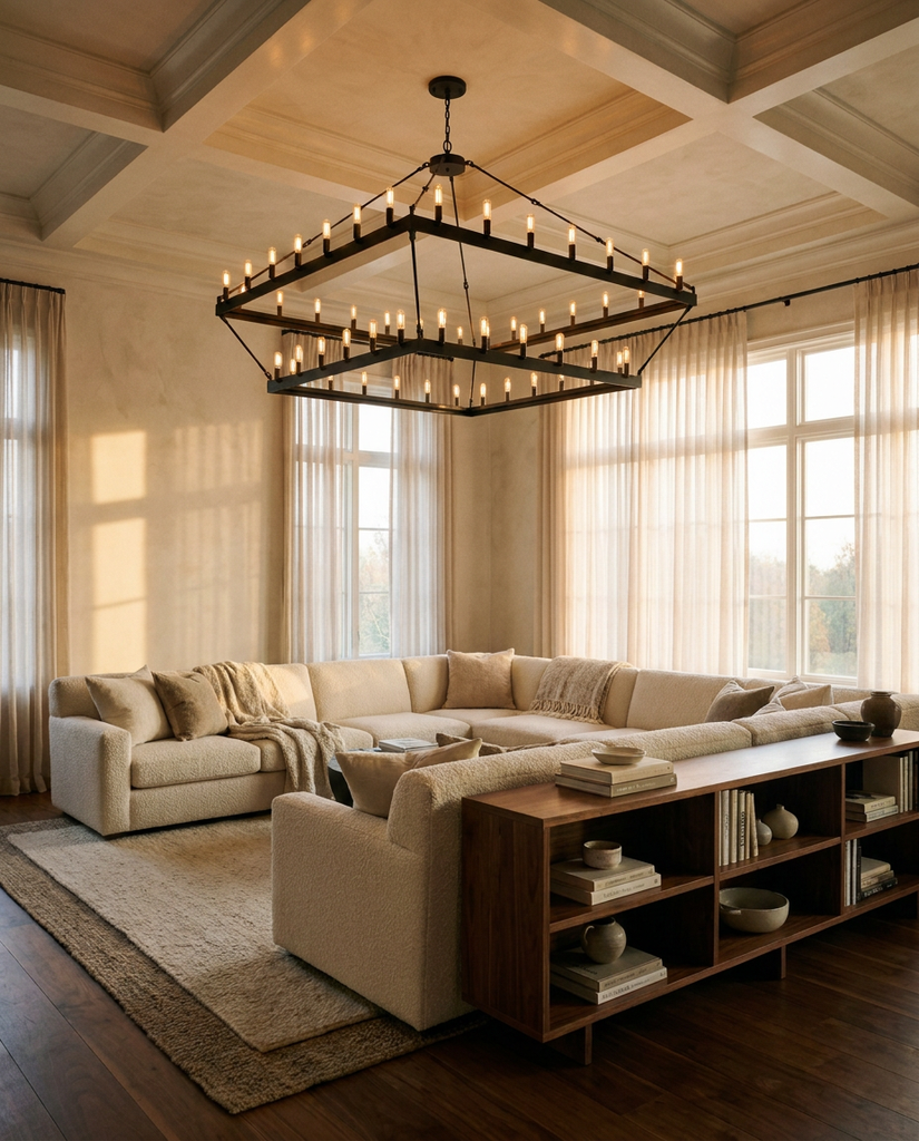 Camino two-tier square chandelier in transitional living room with coffered ceiling