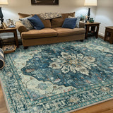Area Rugs Washable Non-Slip, Floral Vintage Distress Print Pattern Medallion Carpet for Living Room Bedroom Dining Room