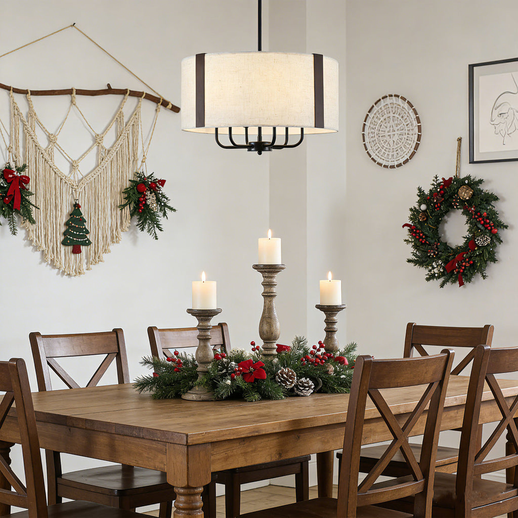 6-Light 20 Inch Farmhouse Dimmable Drum Chandelier Light Fixture With Fabric Shade For Dining Room Kitchen Living Room