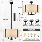 6-Light 20 Inch Farmhouse Dimmable Drum Chandelier Light Fixture With Fabric Shade For Dining Room Kitchen Living Room