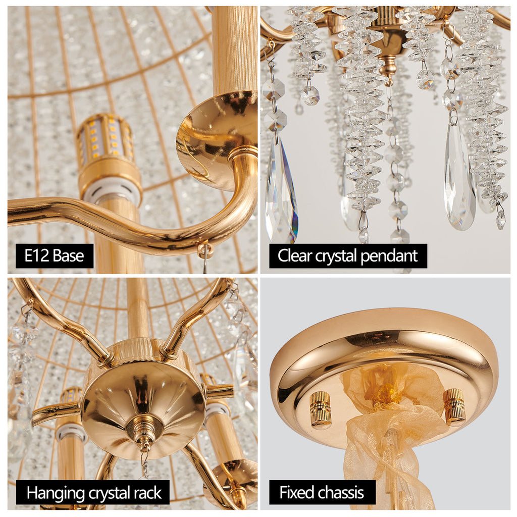 6-Light Chandelier In Gold With Crystal Beads And Waterfall Design, 20 Inches