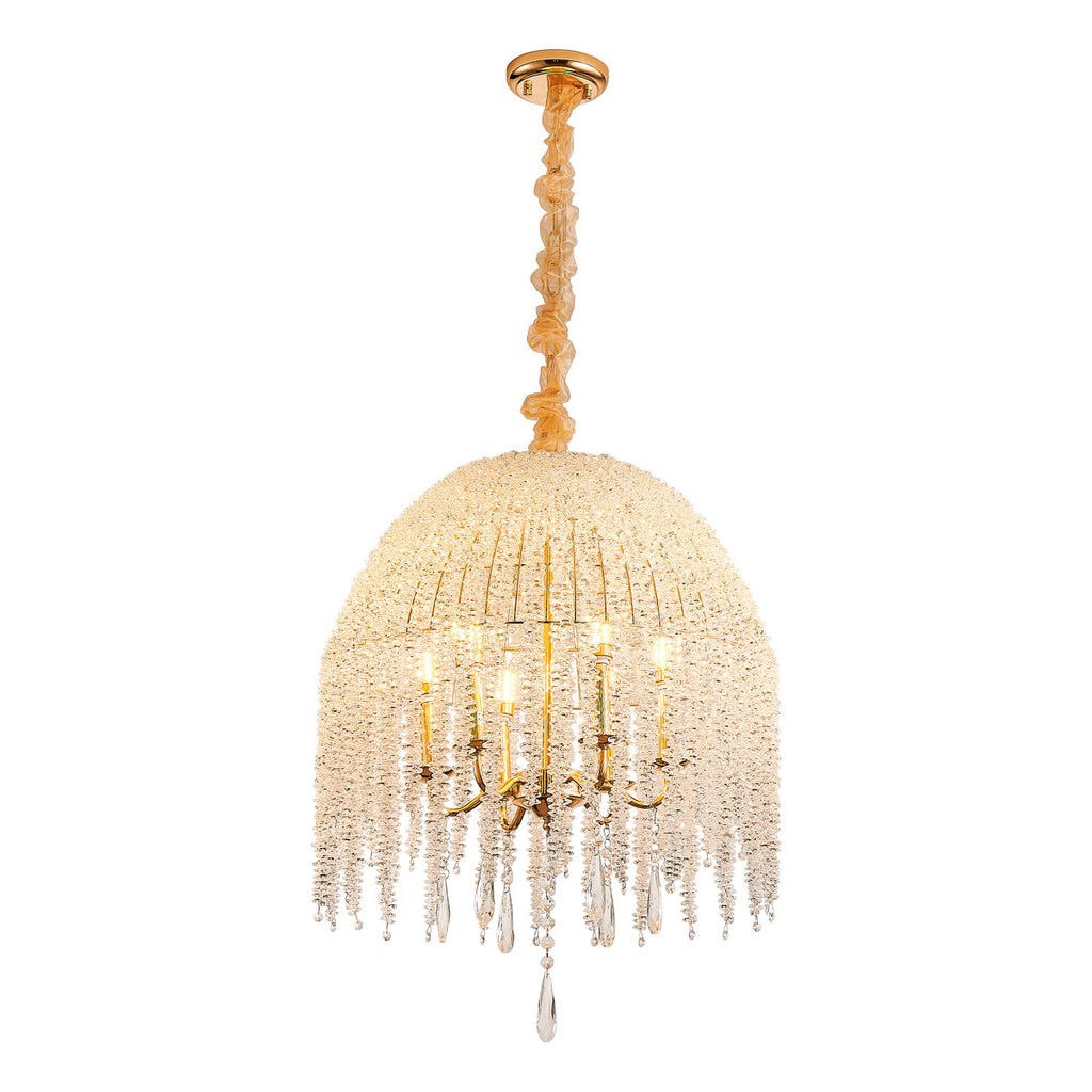 6-Light Chandelier In Gold With Crystal Beads And Waterfall Design, 20 Inches