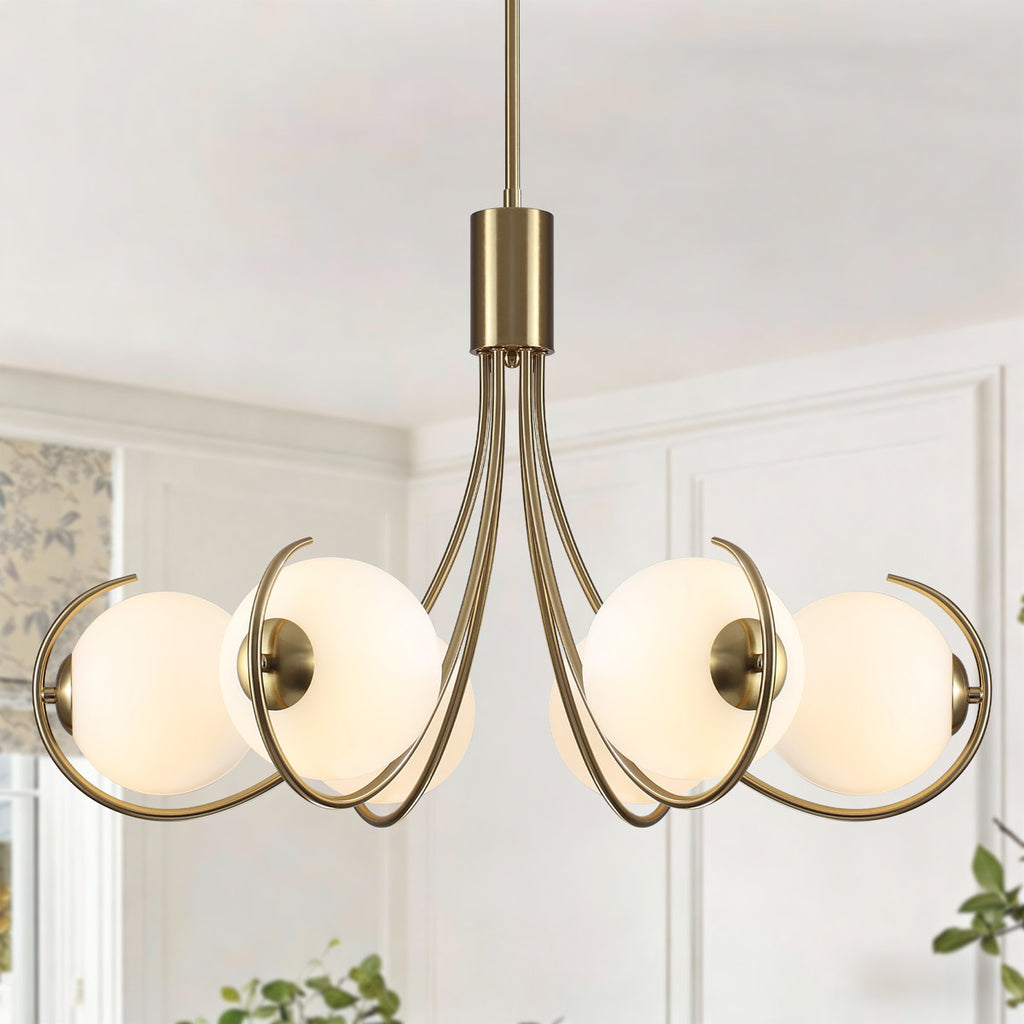 6-Light Modern Farmhouse Sputnik Chandelier With Milk White Globe Glass Shade For Dining Room Living Room Kitchen Island Foyer