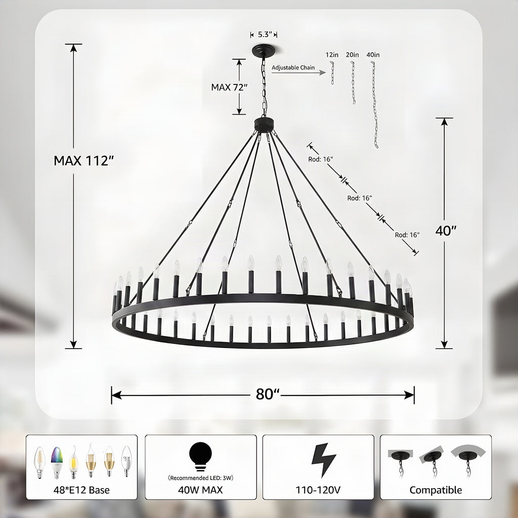 Dimension diagram: 80 inch diameter, 40 inch body, 52 to 112 inch adjustable height