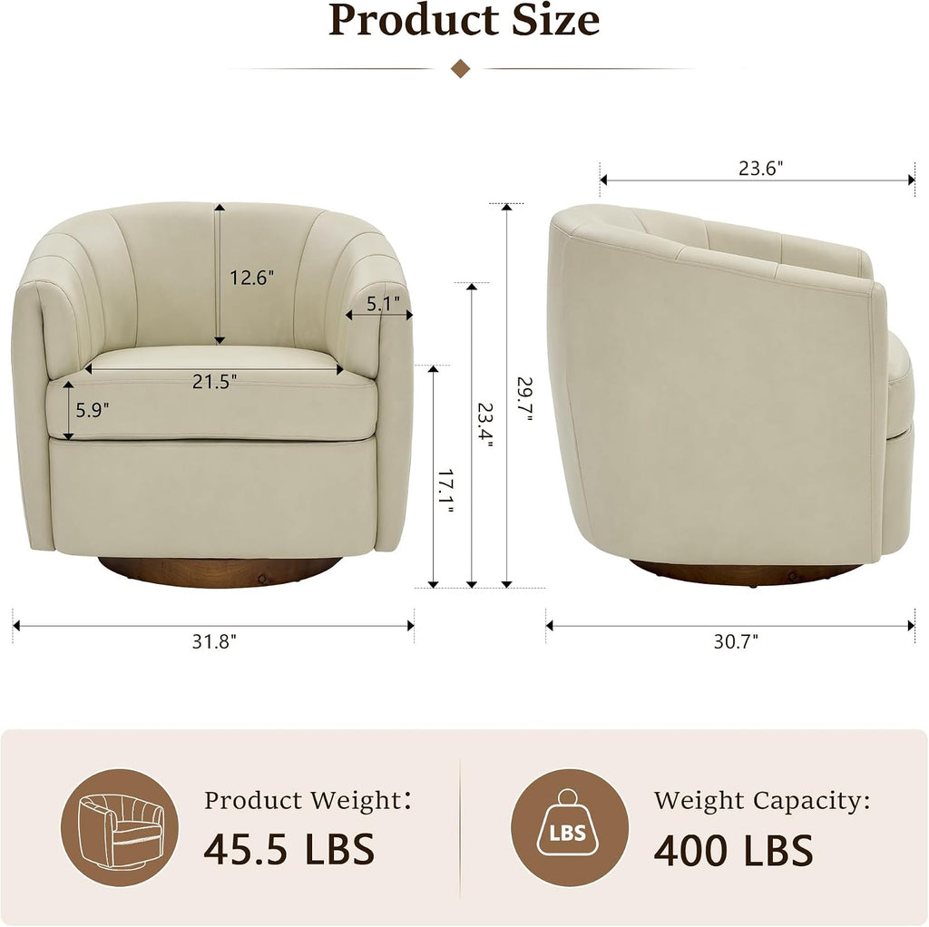 Swivel Accent Chair, PU Leather Barrel Armchair with Wood Base, Cream