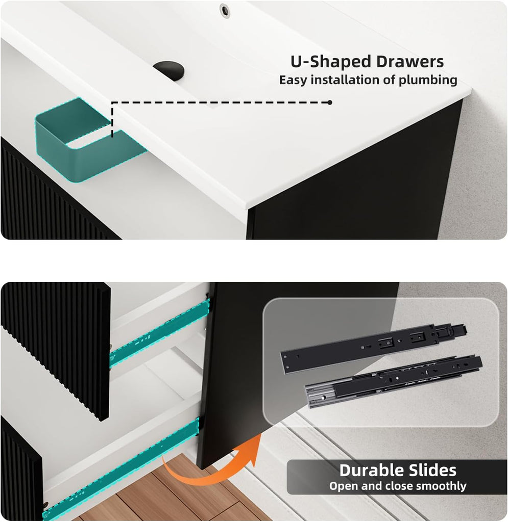 30" Black Wall Mounted Floating Bathroom Vanity with Sink - Modern Vanity Cabinet