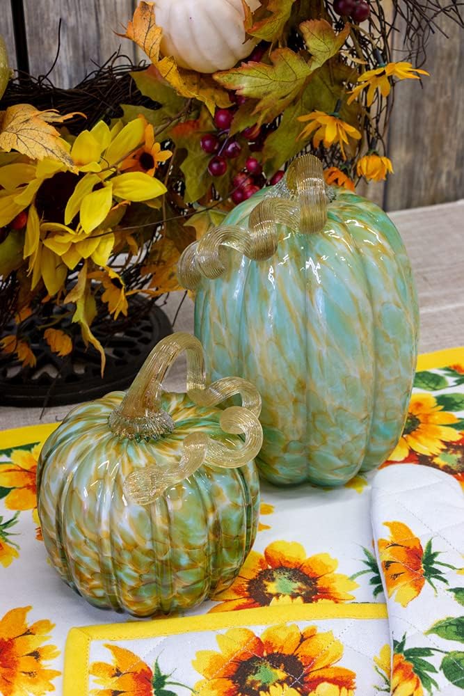 Decorative Handblown Glass Pumpkin Figurine, 5 x 8.5-Inches, Green and Gold