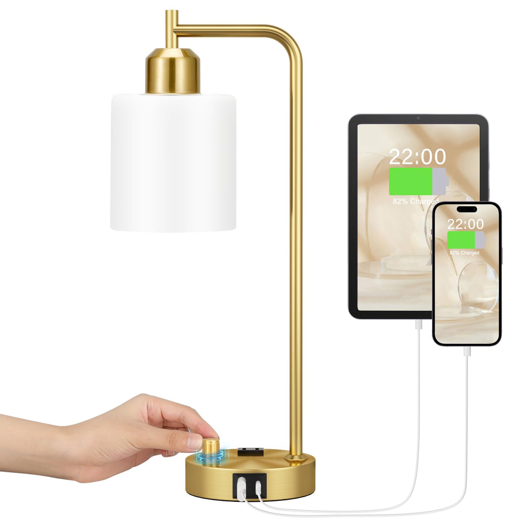 Gold Lamp - Industrial Bedside Table Lamp with USB Port and Outlet, Fully Dimmable Nightstand Lamp with Opal Glass