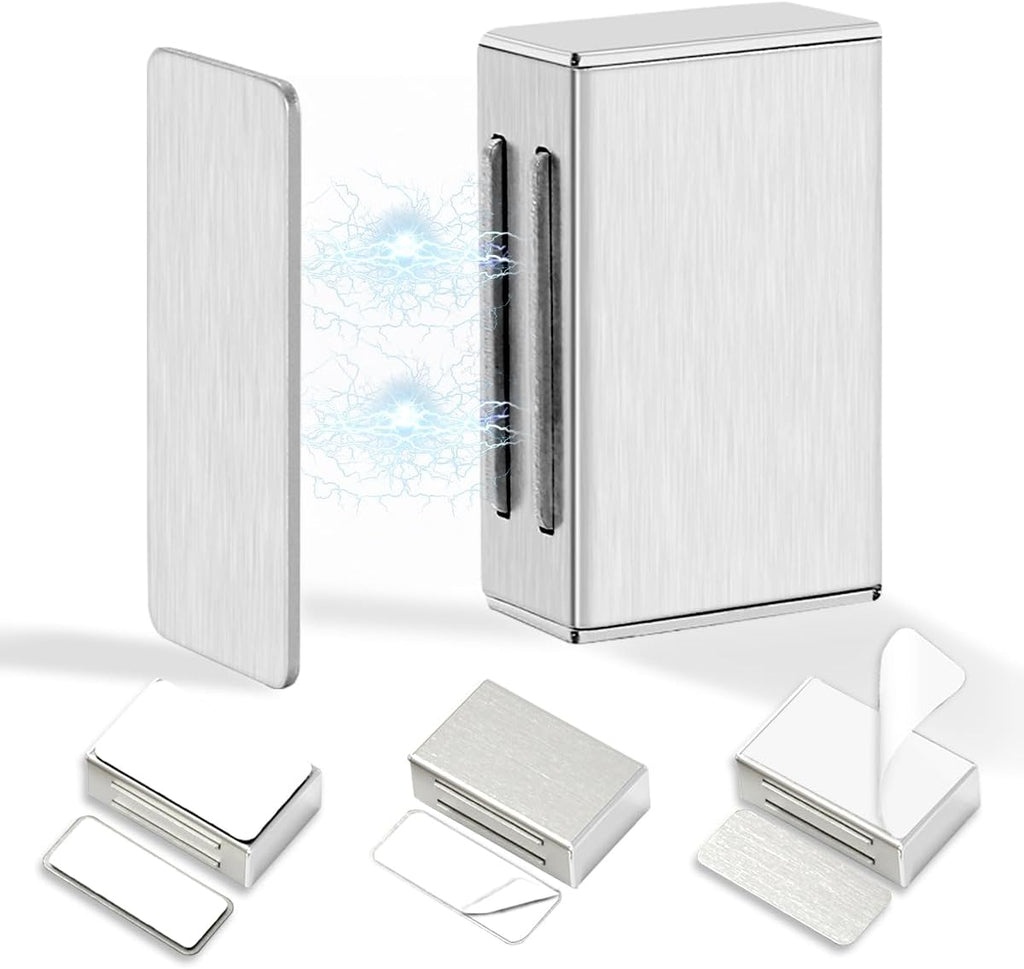 No Drill Adhesive Magnetic Door Catch - 17lb Holding Force, Cabinet Magnets & Drawer Closure, Self-Stick Stainless