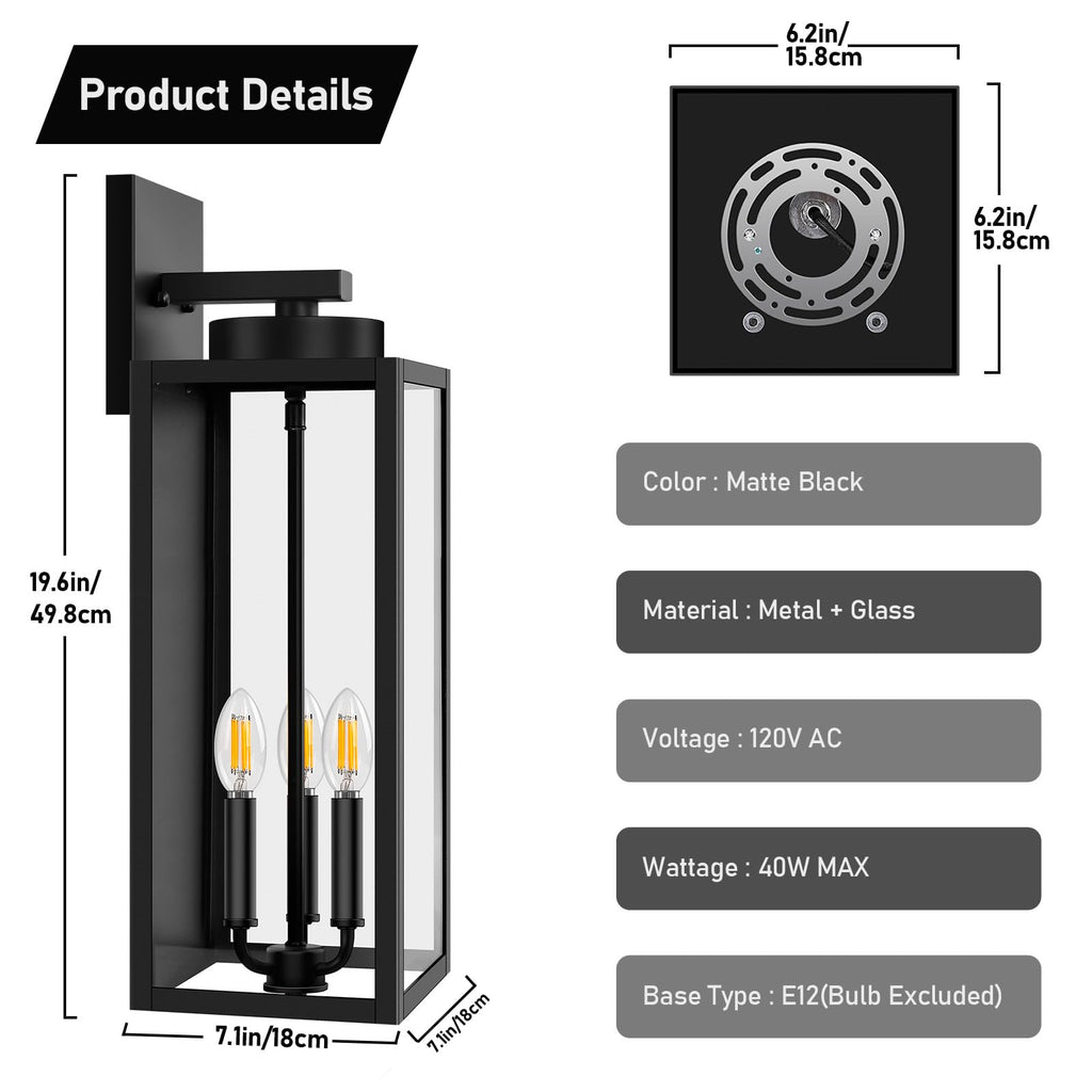 20'' Large Outdoor Wall Lights, Modern Black Exterior Wall Lanterns