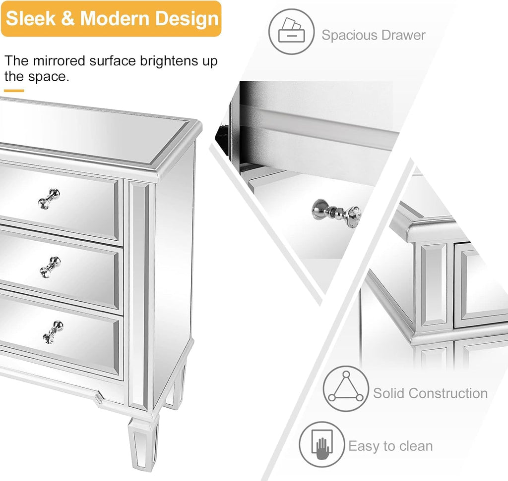 Mirrored Dresser with 6 Storage Drawer Modern Chest of Drawers, Silver, 32"L x 12"W x 28"H