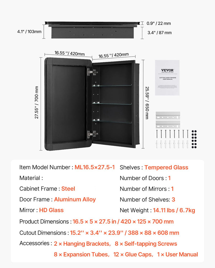 Medicine Cabinet, 16.5 x 27.5 inch, Medicine Cabinet with Mirror, Aluminum Frame Bathroom Wall Cabinet, 3-Layer