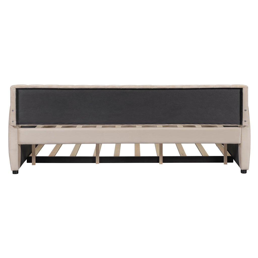Full Size Daybed with Trundle, Upholstered Day Bed Frame Velvet Sofa Beds with Vertical Channel Tufted Headboard