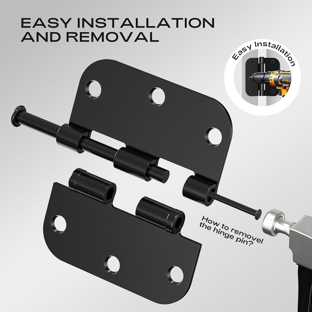 12 Pack Black Door Hinges 3.5 Inch 5/8" Radius Round Ball Bearing Anti-Squeak Flat Iron Hinges Doors Standard 3-1/2"