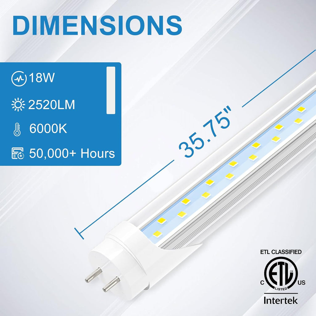 3FT T8 LED Tube Light, 6000K Cool Bright White