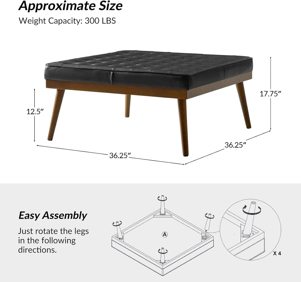 36" Genuine Leather Square Tufted Ottoman Coffee Table, Black | Button Tufted Style, Solid Wooden Flared Legs
