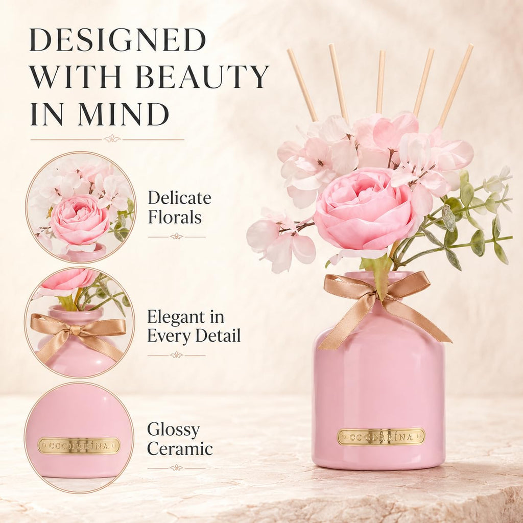 Flower Reed Diffuser Set, 6.7oz Sandalwood Rose Scented Oil Diffuser with Sticks, Long Lasting Home Fragrance & Shelf