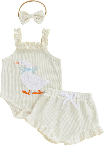 Newborn Baby Girl Clothes Silly Goose Outfit Waffle Knit Sleeveless Romper Ruffle Shorts Set Spring Summer Clothes